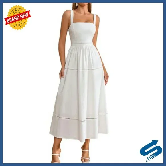 Summer Corset Midi Dress Square Neck Flowy A-Line Wedding Guest - Picture 2 of 8